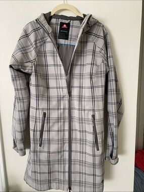 Columbia Light Gray Plaid Hooded Rain Jacket